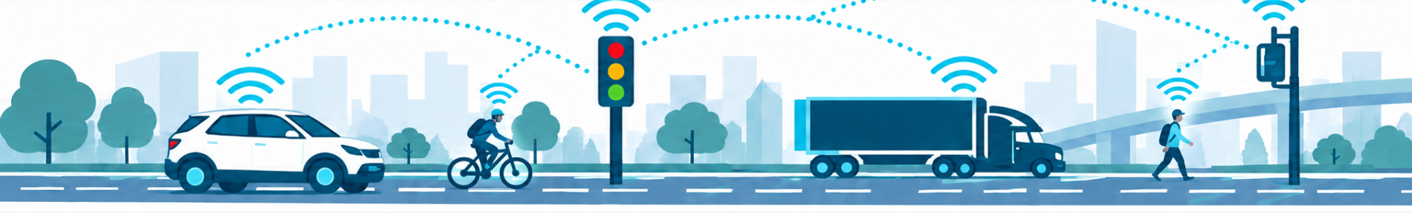 Connected roadway with vehicle, cyclist, truck, pedestrian, traffic signal, and roadway infrastructure