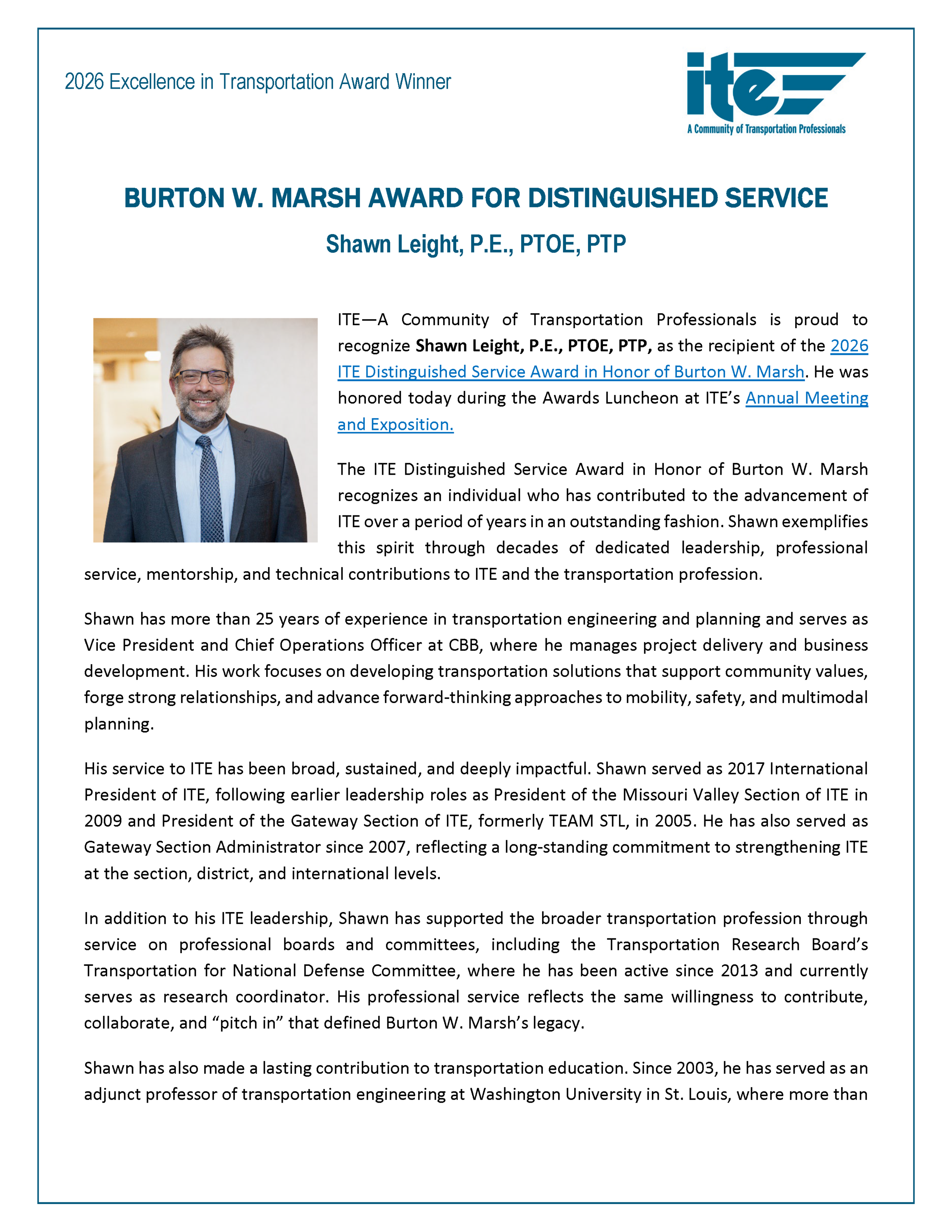 Burton W. Marsh Award recipient Shawn Leight