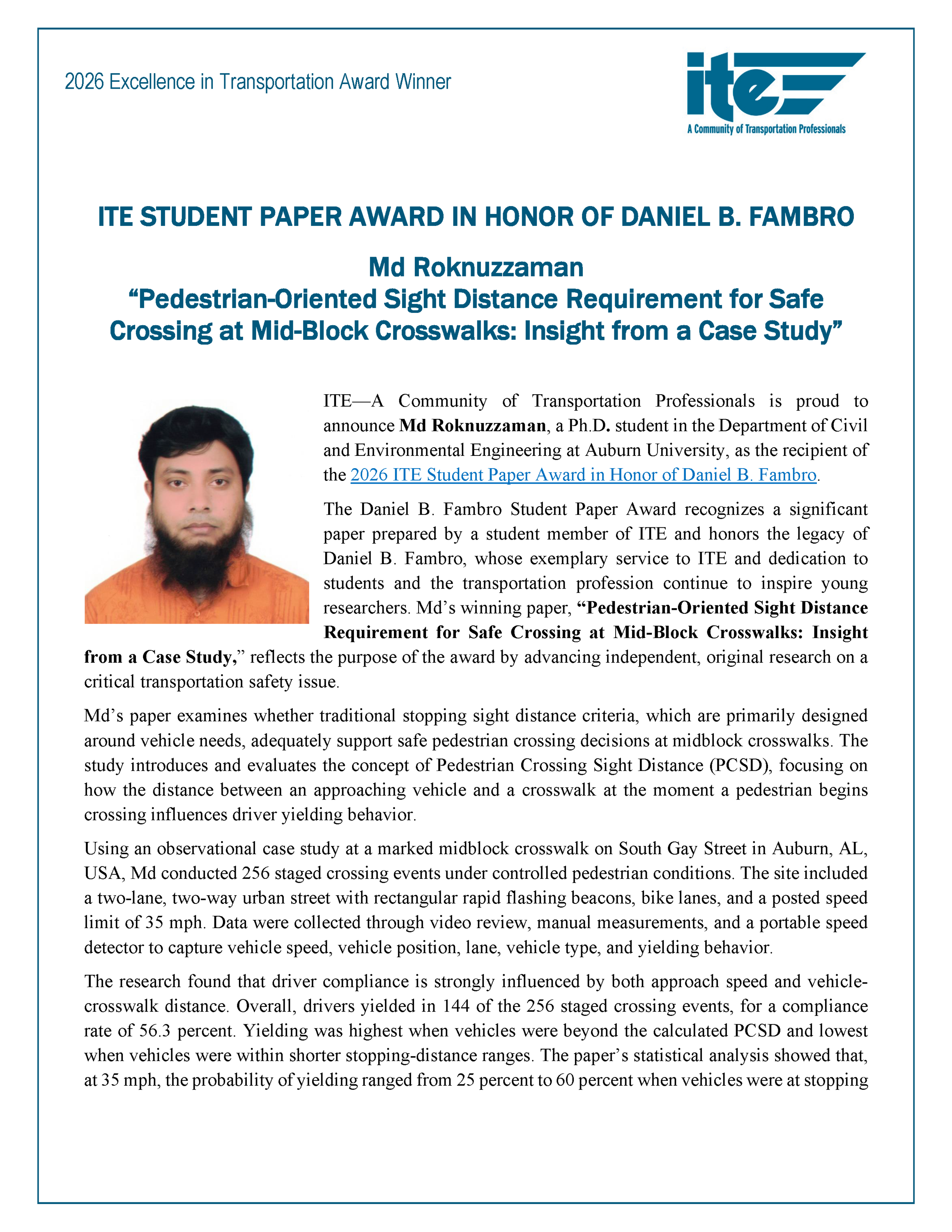 Student Paper Award in Honor of Daniel B. Fambro recipient Md Roknuzzaman