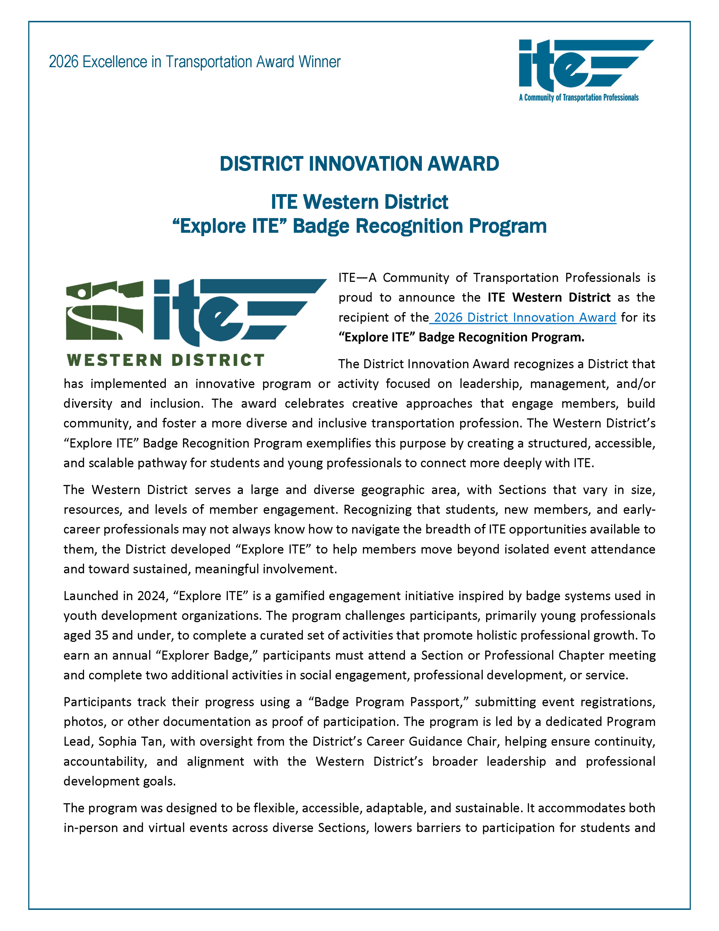 District Innovation Award recipient ITE Western District