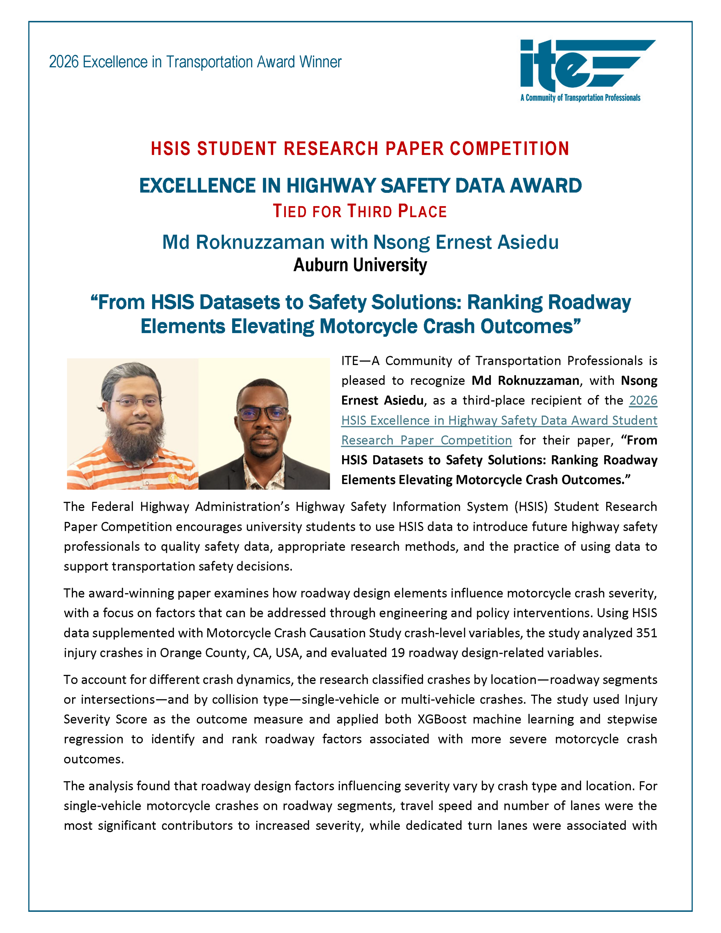 HSIS Student Paper Competition Third Place (Tie)