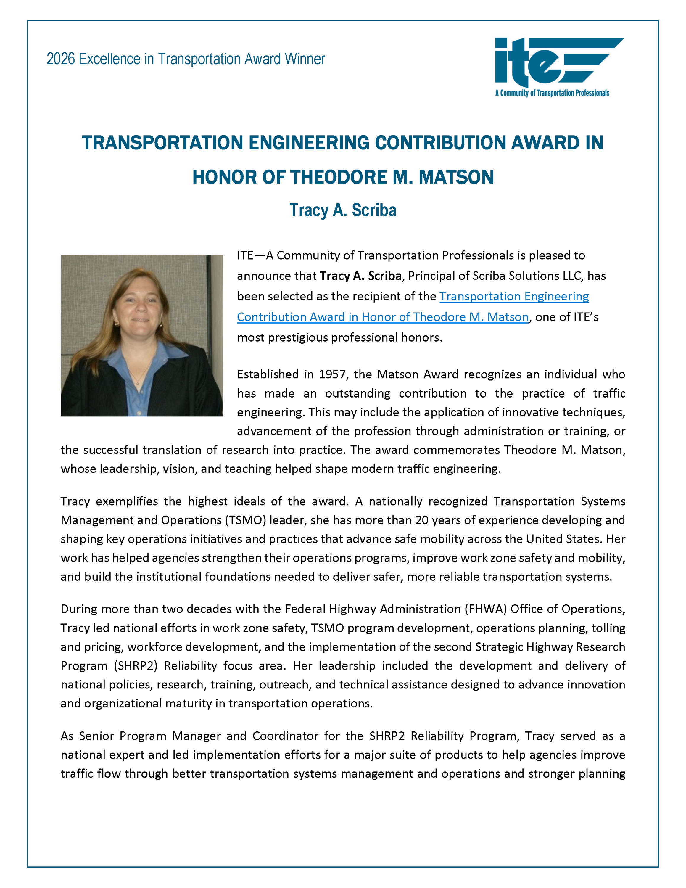 Theodore M. Matson Memorial Award recipient Tracy Scriba