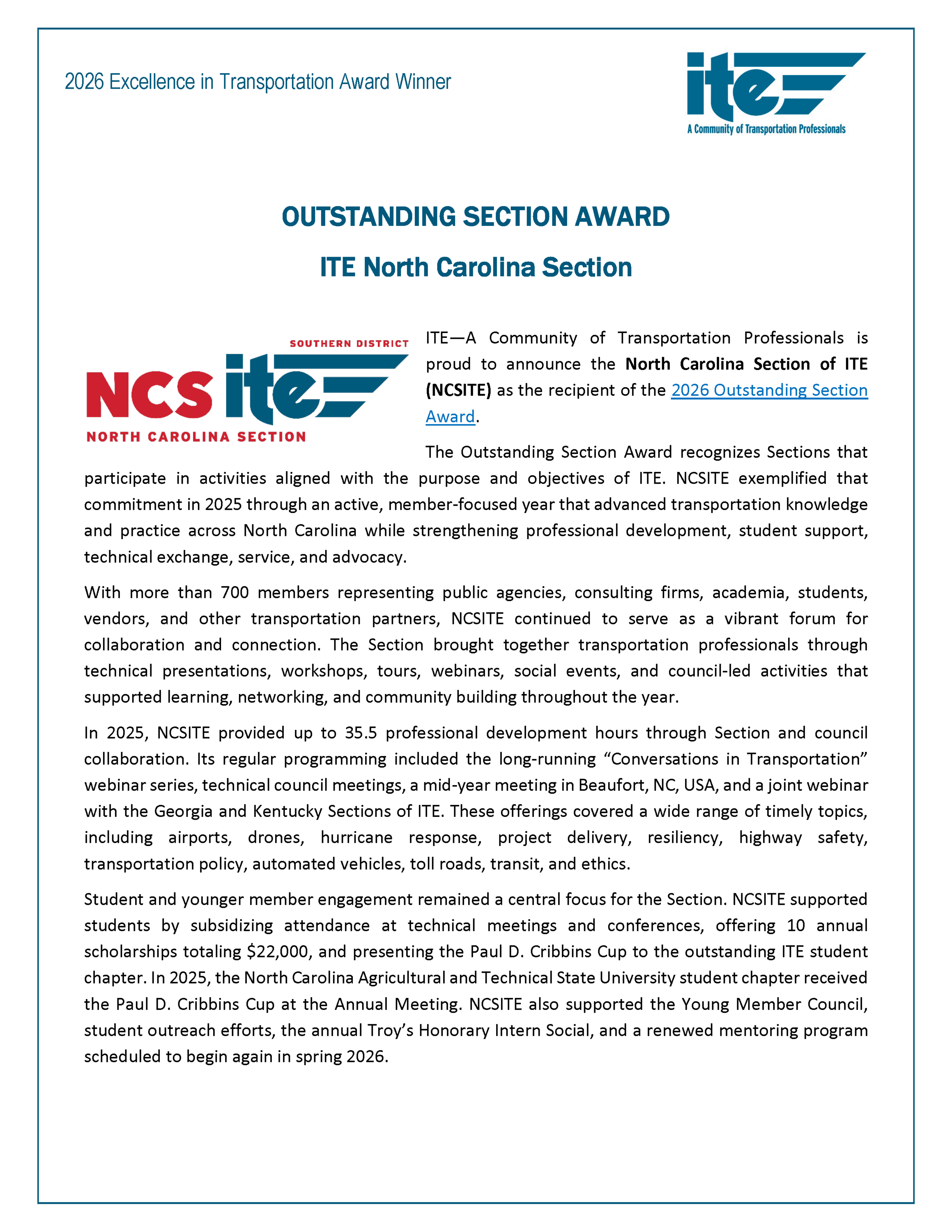 Outstanding Section Award recipient ITE North Carolina Section