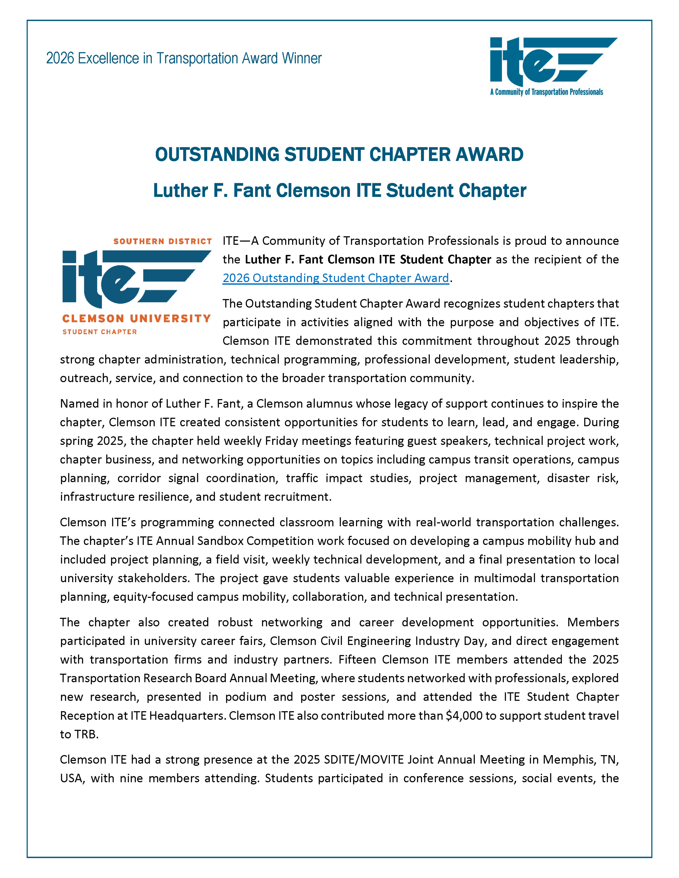 Outstanding Student Chapter Award recipient Clemson University