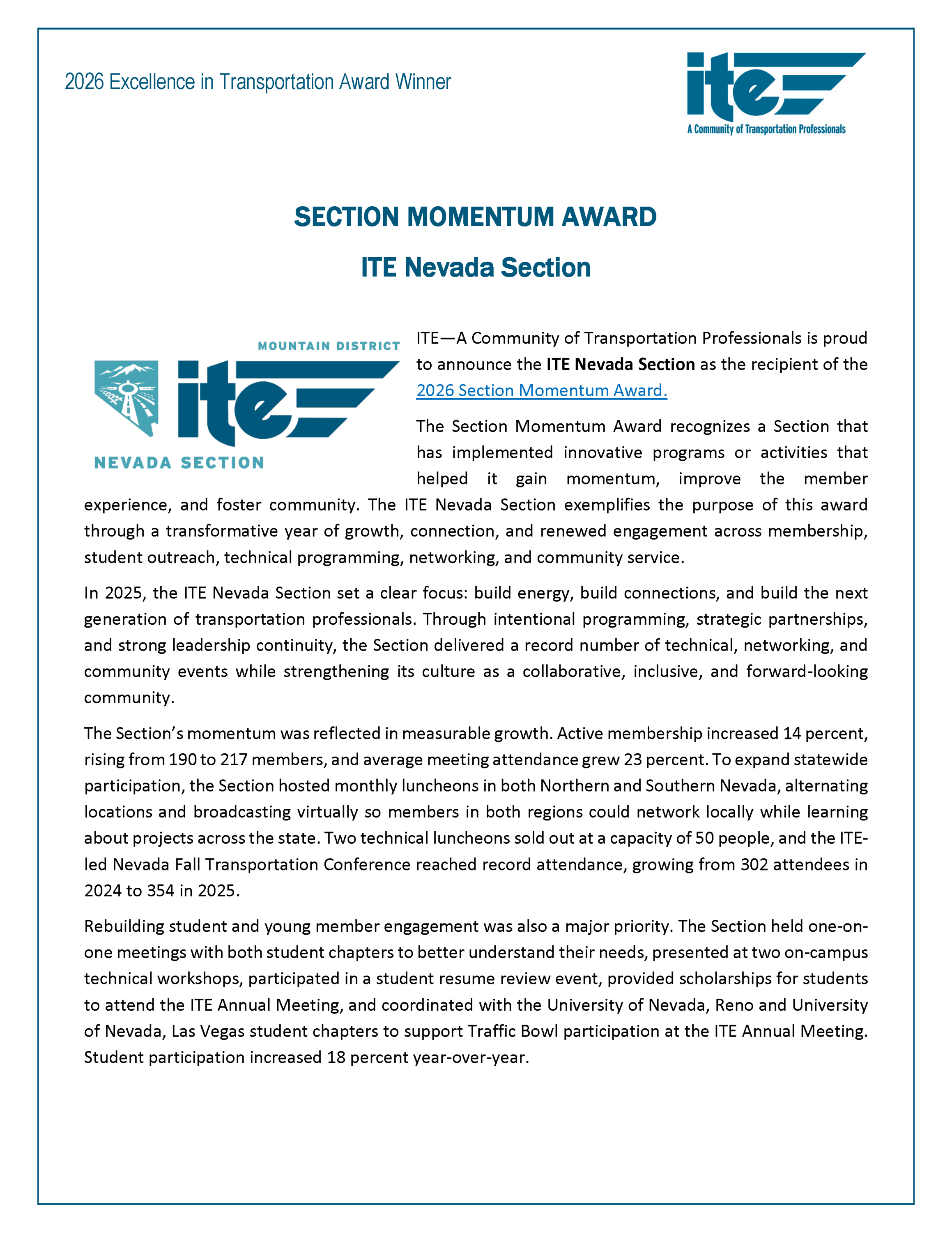 Section Momentum Award recipient ITE Nevada Section