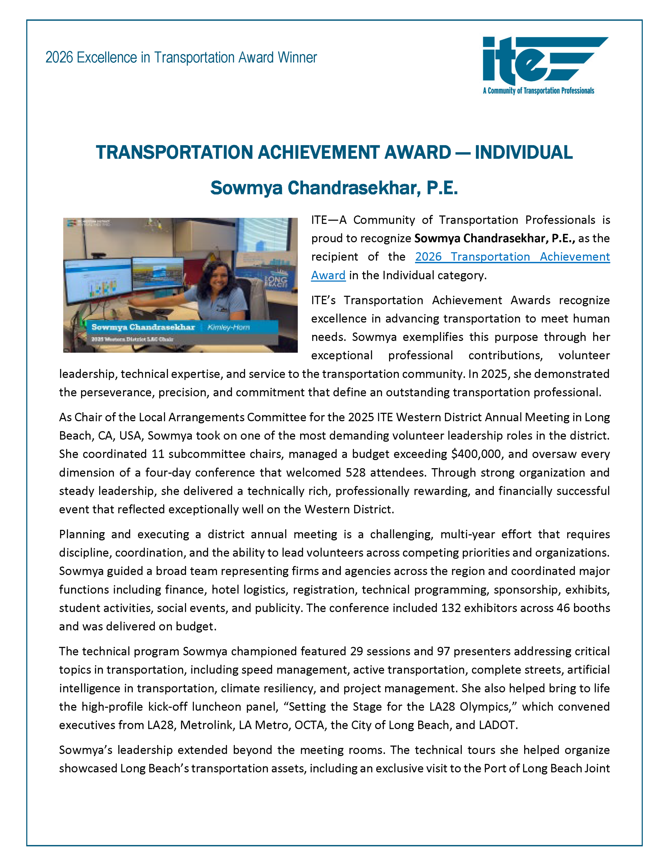 Transportation Achievement Award individual recipient Sowmya Chandrasekhar