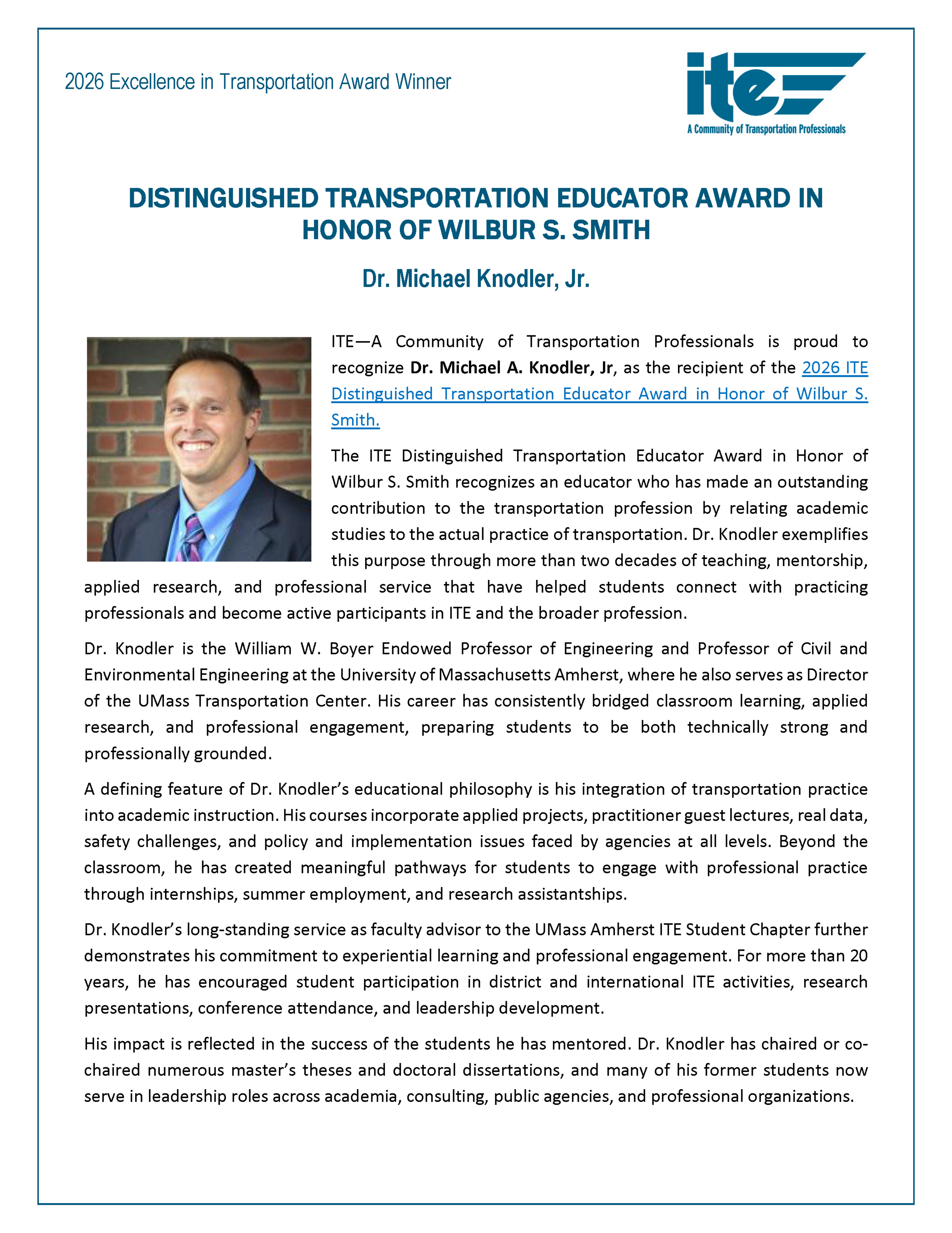 Wilbur S. Smith Distinguished Transportation Educator Award recipient Dr. Michael Knodler Jr.
